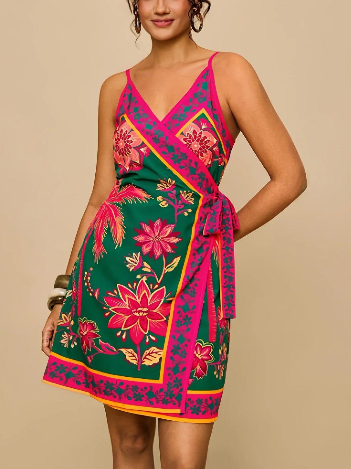 Große Größen Frühling Sommer Elegant Neues Damen Ethnisch bedrucktes Neckholder-Kleid V-Ausschnitt Taillenbetonendes Kurzes Boho-Kleid im Urlaubsstil