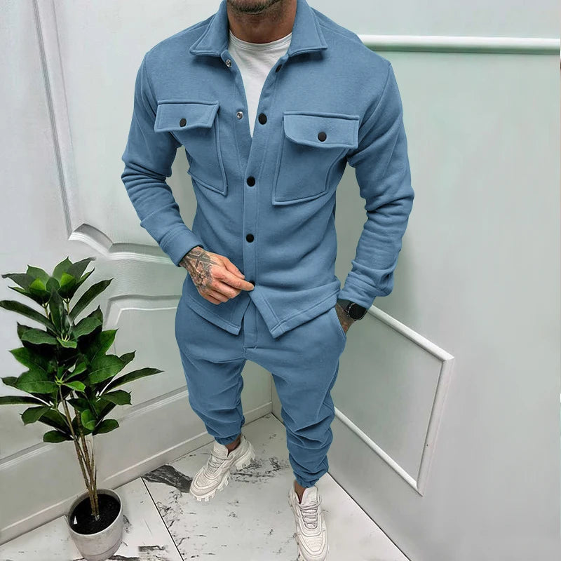 Spring Autumn New Men's Jacket Casual Pants Sets Pocket Overalls Male Fashion Suit Solid Color  Streetwear Tracksuit 2 Piece Set