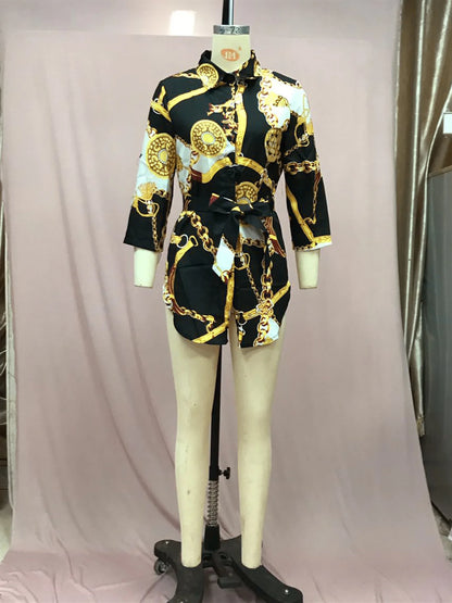 Autumn New Women's Dress Fashionable Sexy Gold Chain Slim Fit Printed Single Breasted Lace Up Waist Cinching Short Skirt