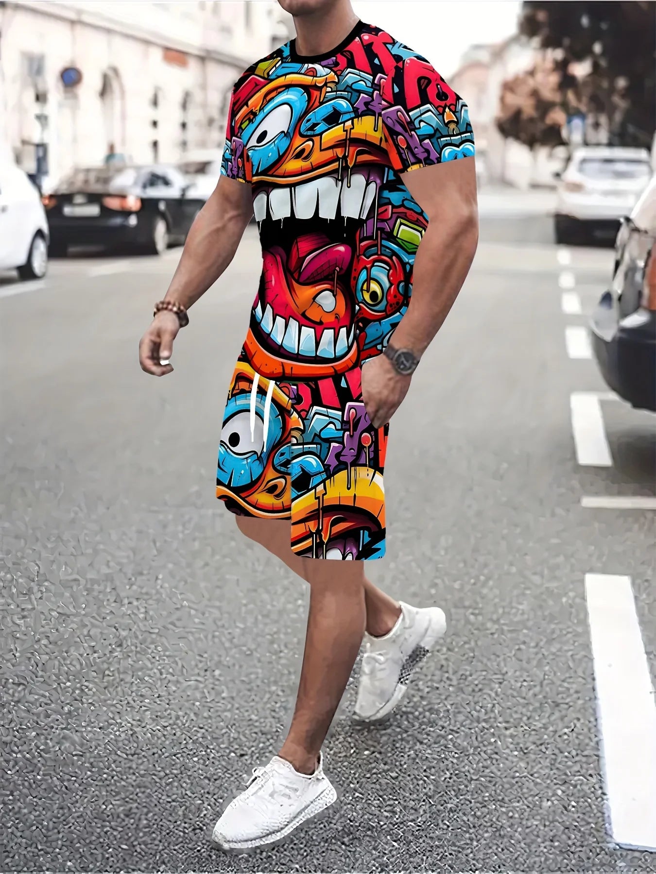 Summer Men's Fashion Casual Sports Set Loose-Fit Trendy Doll Graffiti Print Crew Neck Short Sleeve Two-Piece Set with Shorts