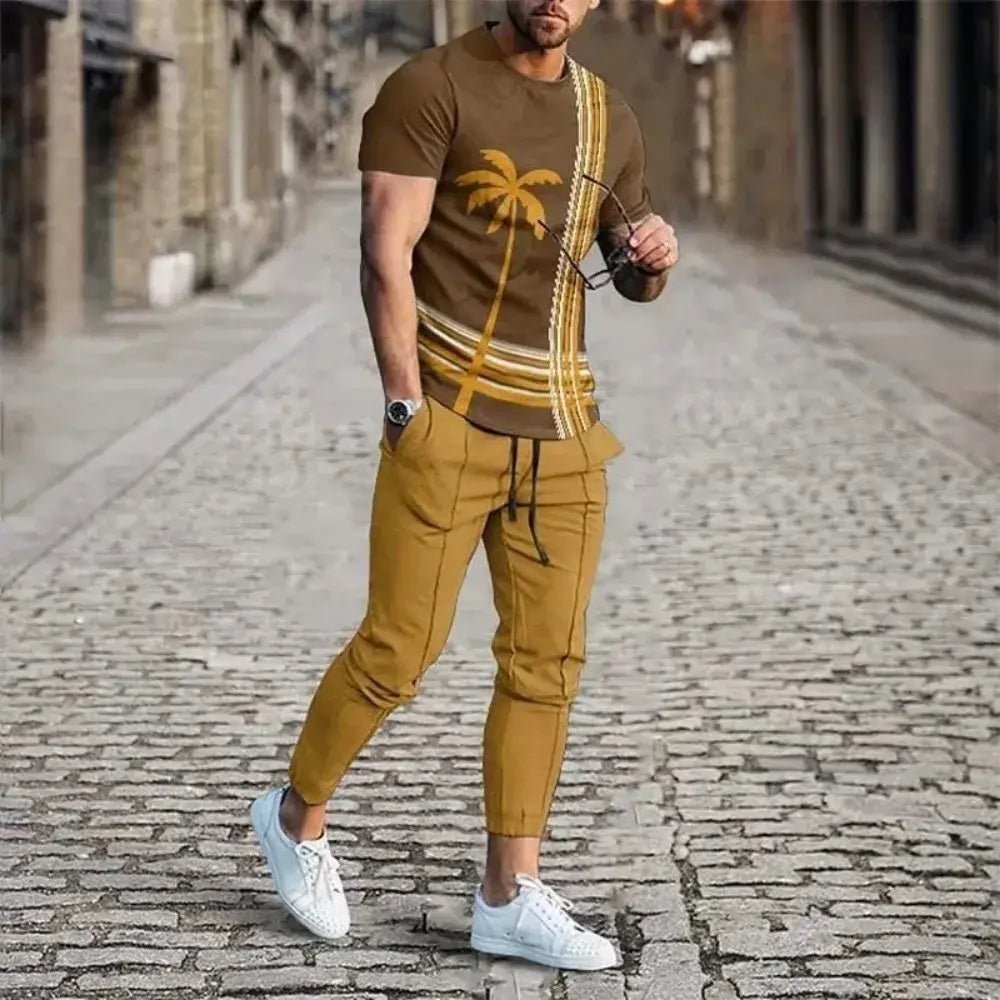 Neues Herren-Set: Bequemes, atmungsaktives Kurzarm-Rundhals-T-Shirt und Hose – 3D-gedruckt, neuestes Retro-Outdoor-Freizeitset