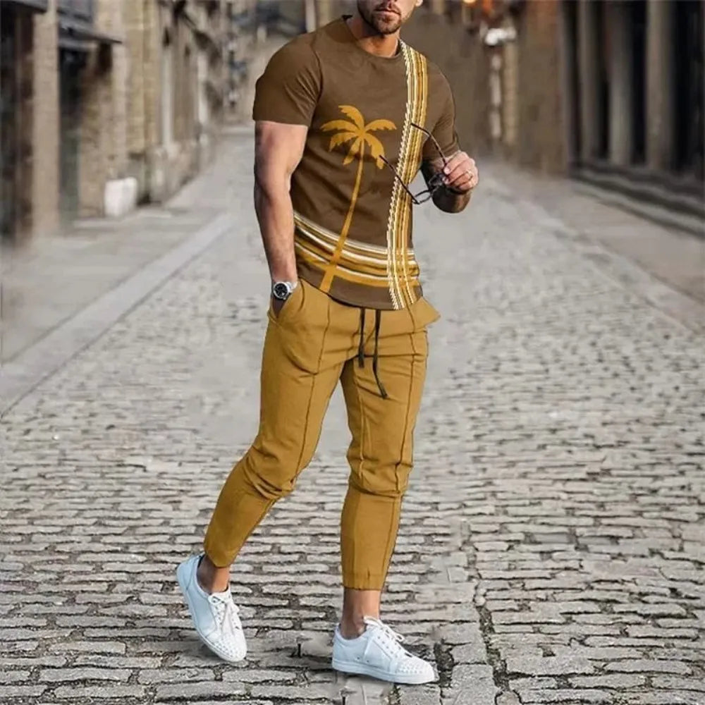 New Men's Comfortable Breathable Short Sleeve Round Neck T-shirt Pants Set 3D Printed Latest Retro Outdoor Leisure Set