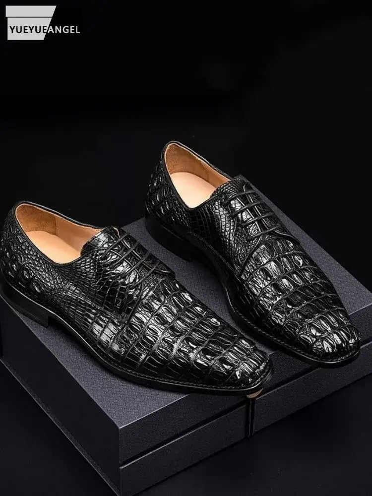 Business Casual Herren Krokodilhaut Echtes Leder Anzugschuhe Spitz Zehen Schnürsenkel Luxus Britischer Stil Herren Derby Schuhe Größe 45