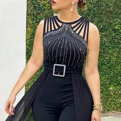 Women's Sexy Sleeveless Jumpsuit, Elegant Hot Rhinestone Mesh Mop Red Summer