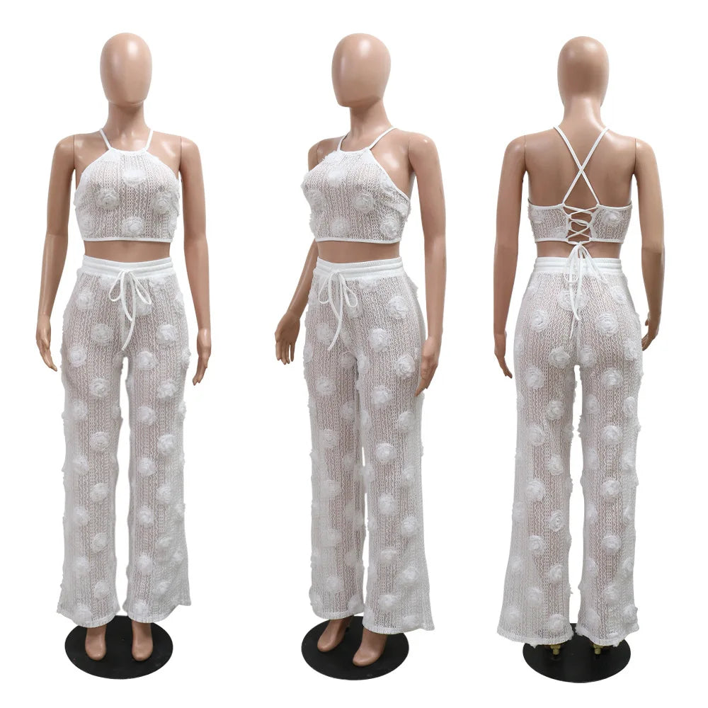 3D Floral Patchwork Women 2 Piece Set Spaghetti Straps Tank Top Wide Leg Pants Matching Set Sexy See Through Beach Bathing Suits