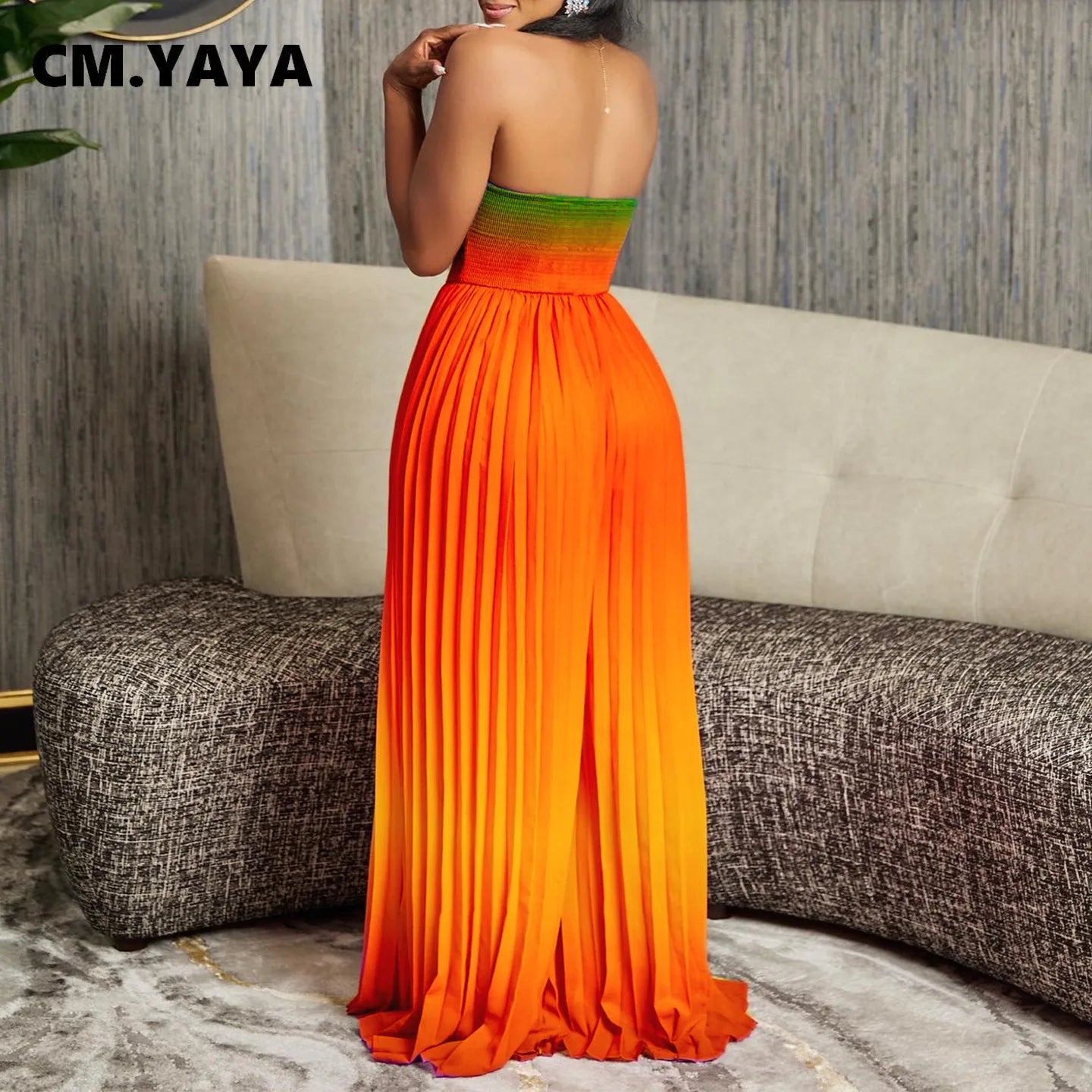 CM.YAYA Women Gradient Sleeveless Pleated Strapless Wide Leg Long Jumpsuits 2024 Summer Beach Fashion Street Sexy Outfit Rompers