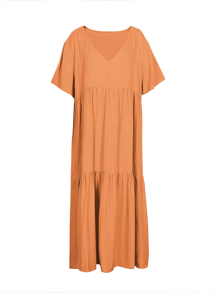 Damen Übergröße Lässiges lockeres V-Ausschnitt Einfarbiges langes Kleid Frühling Sommer Plissee Big Size Damenkleid