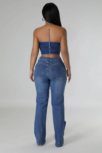 CM.YAYA Women Fashion Pearl Beading Ripped Hollow Out Tassel Wide Leg Jeans  New Summer INS Street Denim Pants Trousers