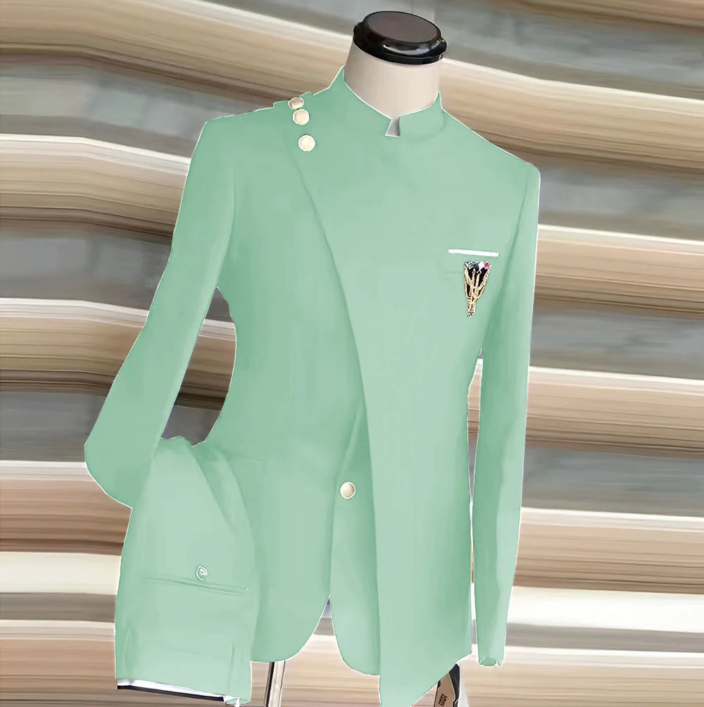 African Style Men's Suit 2 Piece Set Single Breasted Blazer Groom Wedding Tuxedo Gold Button Design Formal Jacket Pants 2 Piece
