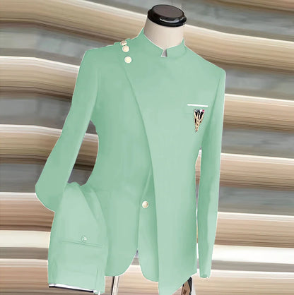 African Style Men's Suit 2 Piece Set Single Breasted Blazer Groom Wedding Tuxedo Gold Button Design Formal Jacket Pants 2 Piece