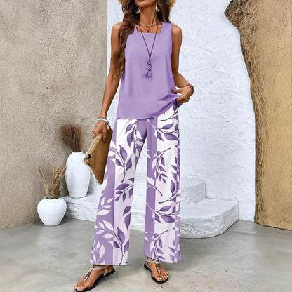 Summer New Women's Flower Stripe Print Two-Piece Set Square Collar Sleeveless Vest Solid Tops & Long Pants Sets Female