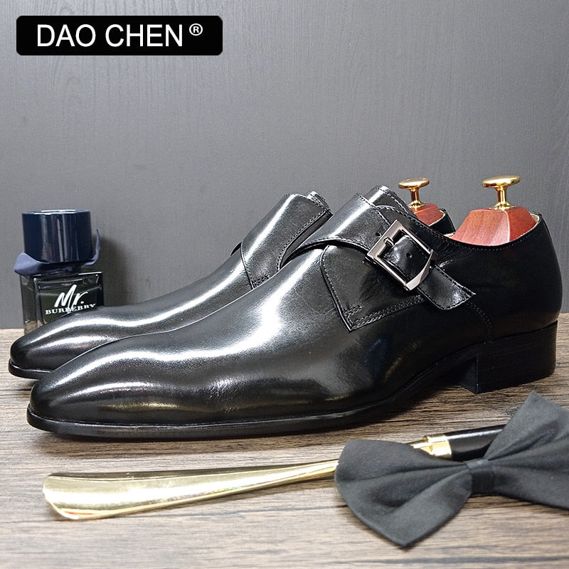 DAOCHEN MEN LEATHER SHOES BLACK BLUE MONK STRAP LOAFERS SLIP ON LUXURY BRAND CASUAL MENS DRESS SHOES WEDDING OFFICE MEN&#39;S SHOES