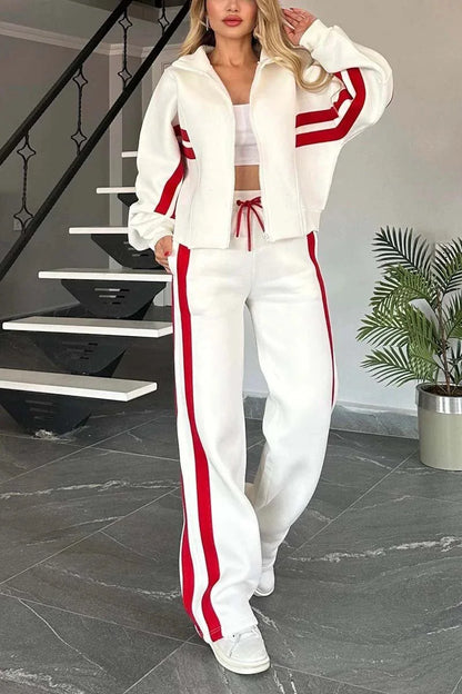 Autumn Winter Women's New Hoodie Suit Y2K Striped Zipper Loose Fit Jacket Outwear And High Waist Side-striped Pants Sports Sets
