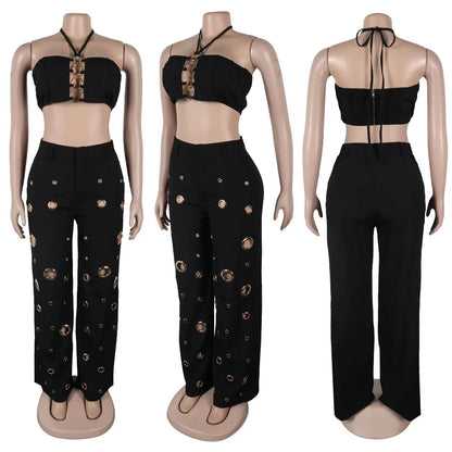 FLARORA Y2k Hole Sequined Wide Leg Pants Streetwear Sexy Solid Halter Sleeveless Backless Tops And Pants Women's Two Pieces Set