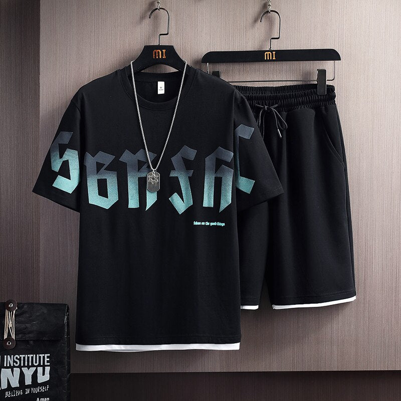 Summer New Mens Set Hip Hop Fashion Tracksuit T-shirt and Shorts Two Piece Set Men Harajuku Streetwear Casual Outfit Set