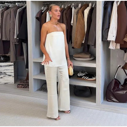 Elegant Tube Tops Women's Trouser Suits Backless Top Wide Leg Pants  Spring Summer High Street Fashion 2 Pieces Set Women