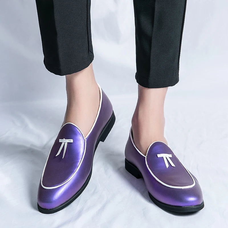 HKDQ Fashion Purple Men's Dress Shoes Trendy Slip-on Social Elegant Evening Shoes Man Lightweight Leather Loafers Shoes For Men