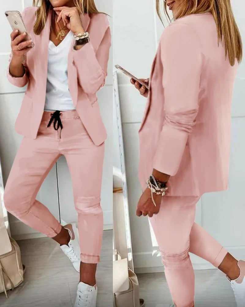Women's Monochrome Casual Business Suit Temperament Commuting Pants Drawstring Elastic Waist Fashion Slit Suit Two-piece Set