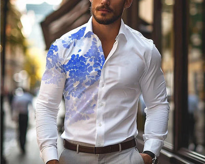 New men's casual 3D printed leaf print shirt for daily wear, spring lapel long sleeved button up shirt S-6XL plus size