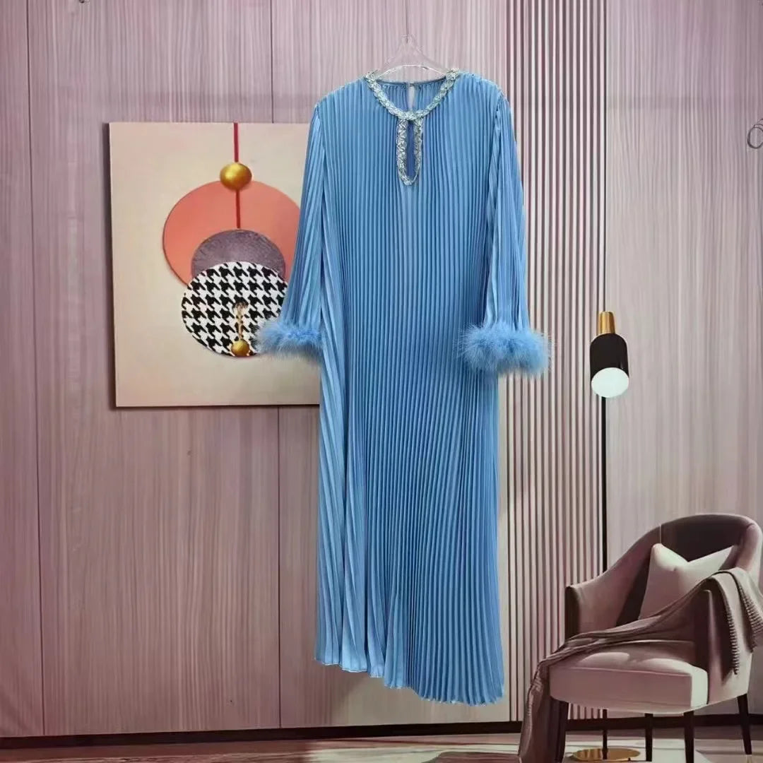 Pleated Ruffles Long Dresses Women Full Sleeve Round Collar A Line Lace-up Solid Color New 2024 Female Dress