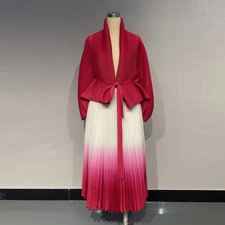 EGRM Gradient Pleated Fashion 2 Piece Set Women Belt Batwing Sleeves Tops A-line Long Dresses Elegant Party New Sets 32C1389