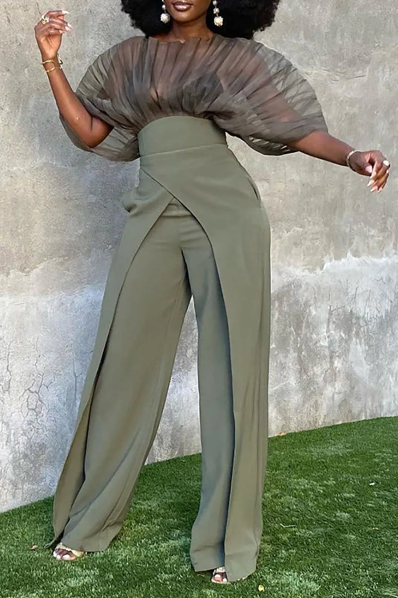 Plus Size Army Green Work Mesh Plain Tulle See-though Puff Sleeve Two Piece Pant Sets Office Lady Elegant Matching Set Outfit