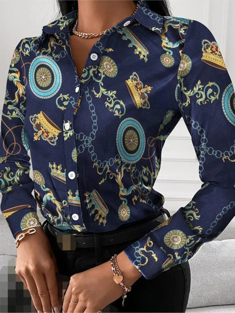 Spring Summer Women's Clothing New Fashion Printed Women's Shirt Casual Lapel Long Sleeved Single Breasted Shirt Women's Top