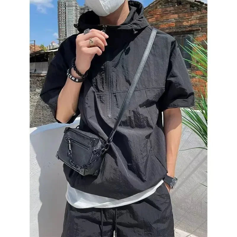 Summer Cargo Style Set Men's Casual Hooded Solid Short Sleeve T-shirt Shorts Loose Fashion High Quality Handsome Sweatshirt Suit