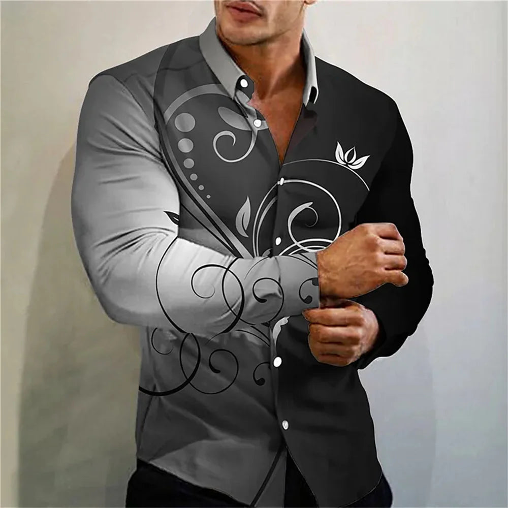 Men's High Quality Luxury Prom Fashion Social Flower Print Polo Single breasted Costume Designer Long Sleeve Men's Shirt