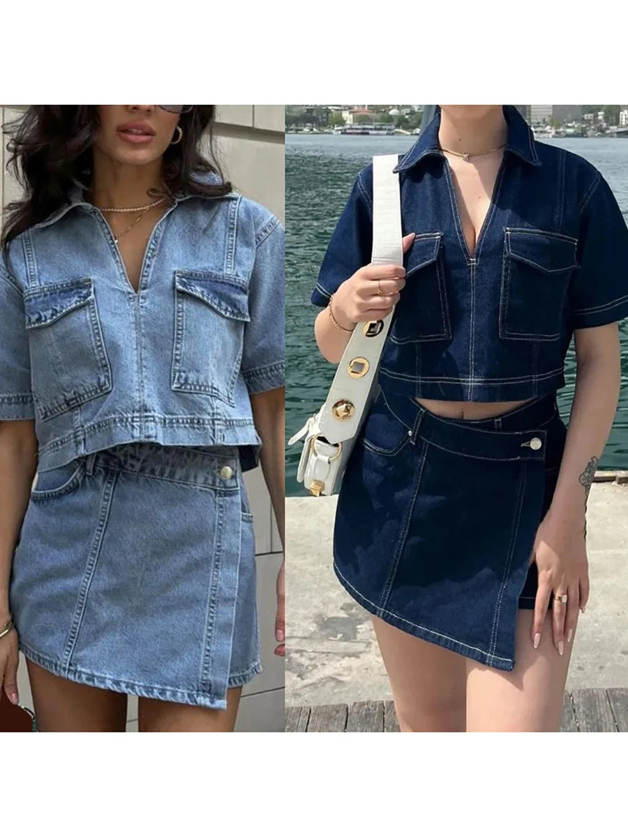 Women’s 2 Piece Denim Outfits Summer Short Sleeve Lapel Jean Pullover Tops and Asymmetrical Shorts Set for Streetwear Grunge Y2K