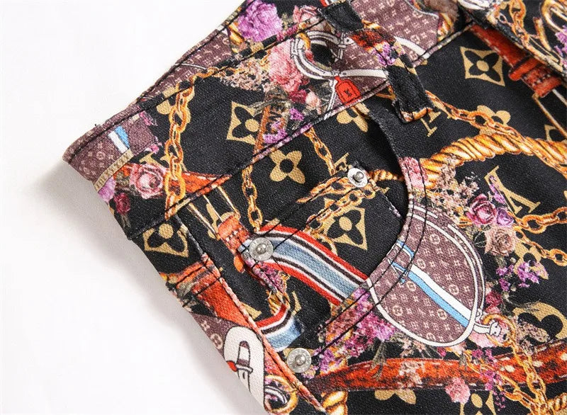 High Quality Mens Slim-fit Colorful Jeans,Light Luxury Full Print Decors Sexy Jeans,Stylish Street Fashion Jeans;