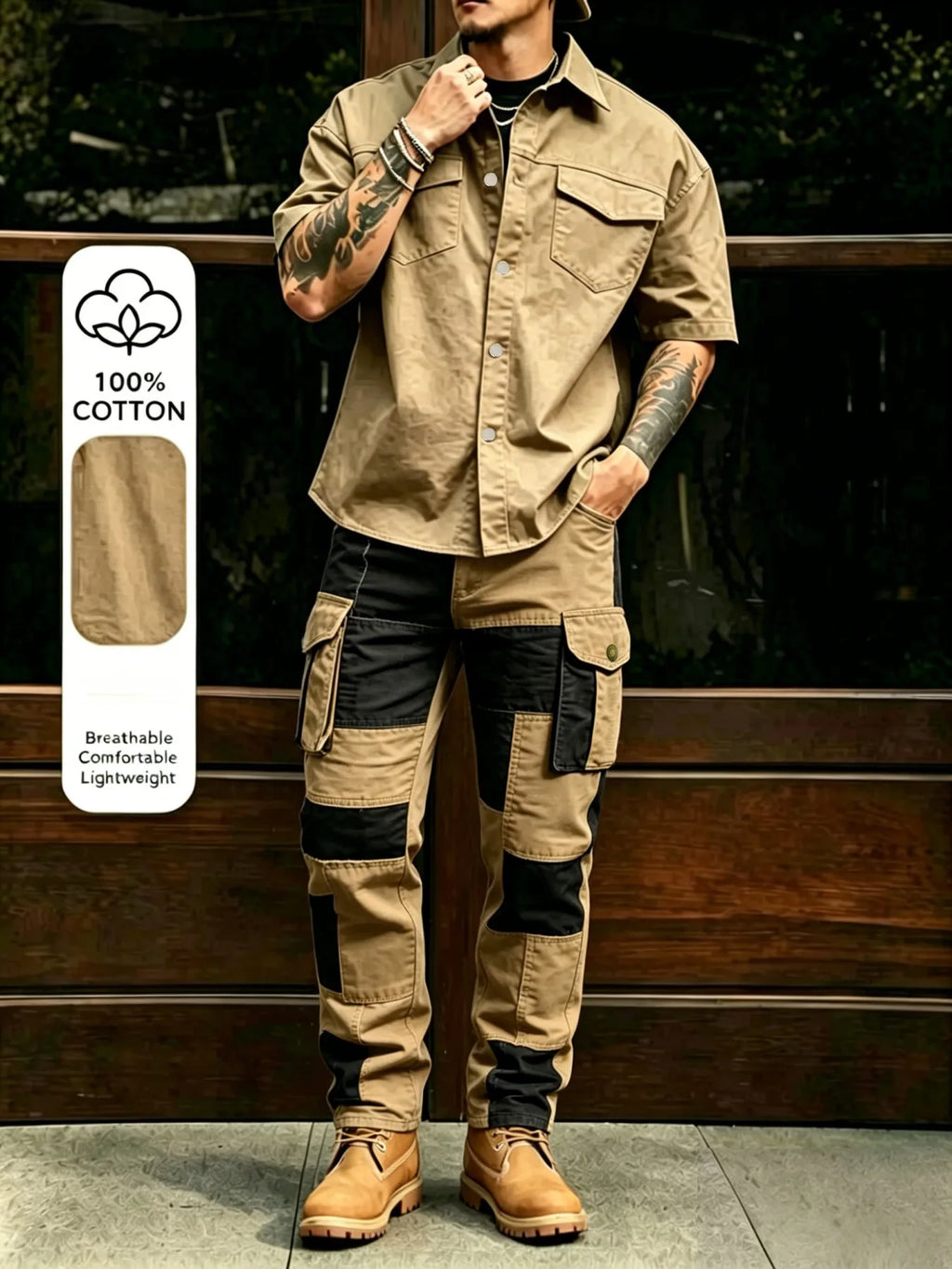 Men's Casual Workwear 100% Cotton Multi-Pocket Short-Sleeved Shirt Pants Set Male Cargo Overalls Streetwear Short Sleeve Button