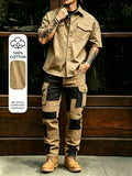 Men's Casual Workwear 100% Cotton Multi-Pocket Short-Sleeved Shirt Pants Set Male Cargo Overalls Streetwear Short Sleeve Button