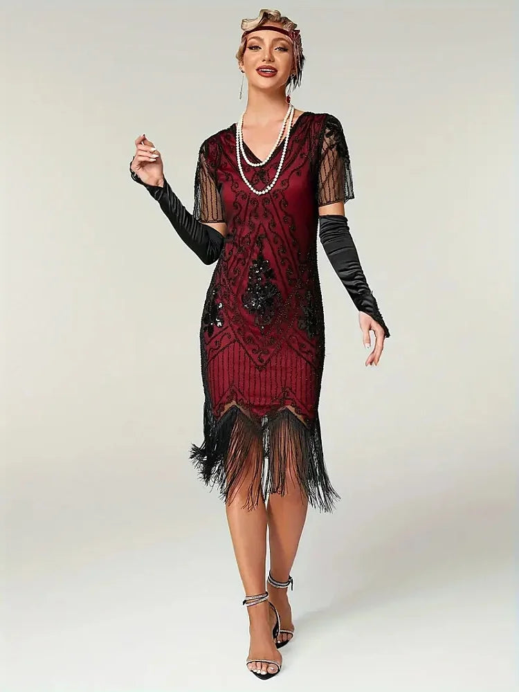 Embellished Beaded Sequin Dress Robe Vestidos Women 1920s Flapper Dress Vintage V Neck Butterfly Sleeve Long Great Gatsby Dress