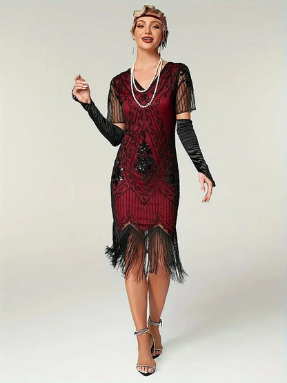 Embellished Beaded Sequin Dress Robe Vestidos Women 1920s Flapper Dress Vintage V Neck Butterfly Sleeve Long Great Gatsby Dress