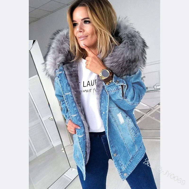 Autumn Women Fashion Denim Coats Retro Big Fur Collar Denim Jacket Temperament Hole Distressed Stitching Jackets Coat 2024