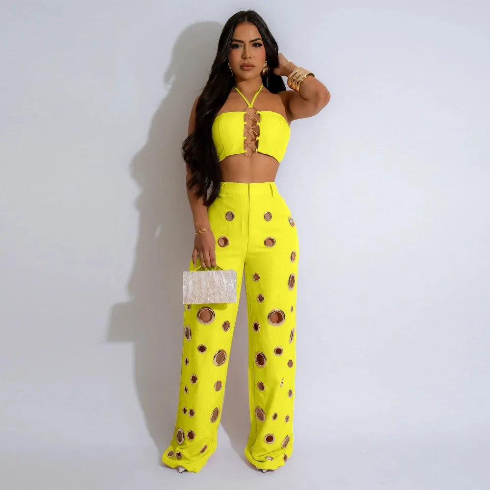 FLARORA Y2k Hole Sequined Wide Leg Pants Streetwear Sexy Solid Halter Sleeveless Backless Tops And Pants Women's Two Pieces Set