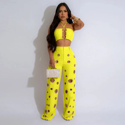 FLARORA Y2k Hole Sequined Wide Leg Pants Streetwear Sexy Solid Halter Sleeveless Backless Tops And Pants Women's Two Pieces Set