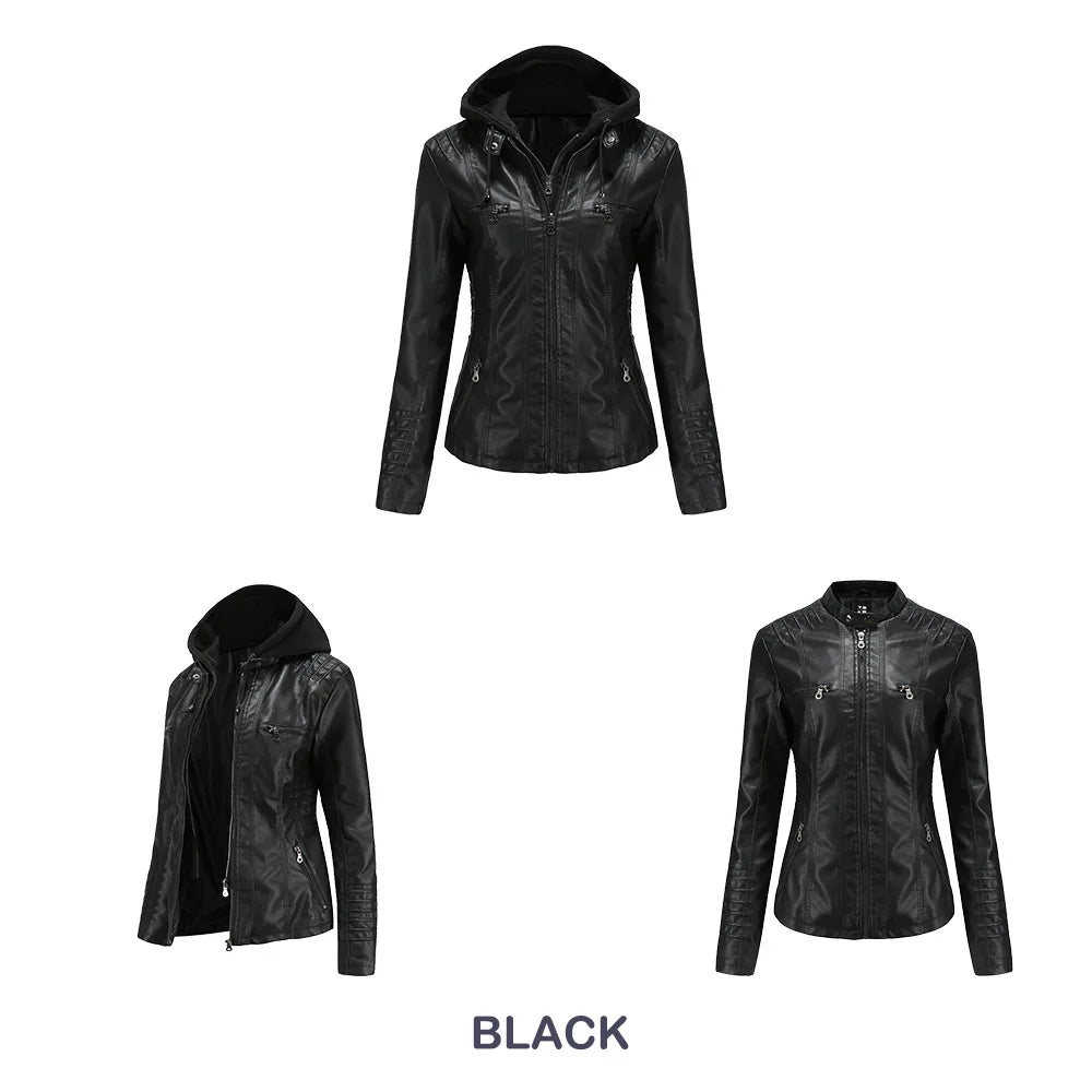 2024 Women's Hooded Leather Jacket 2 Pieces Set with Detachable Large Leather Jacket for Women Spring  Autumn PU Leather Jacket