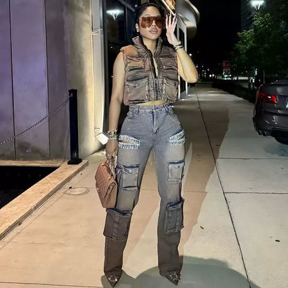 CM.YAYA Women Cutout Diamonds Crystal Hollow Out Straight Denim Pants  Fall Multi Pocket High Waist Wide Leg Jeans Trousers