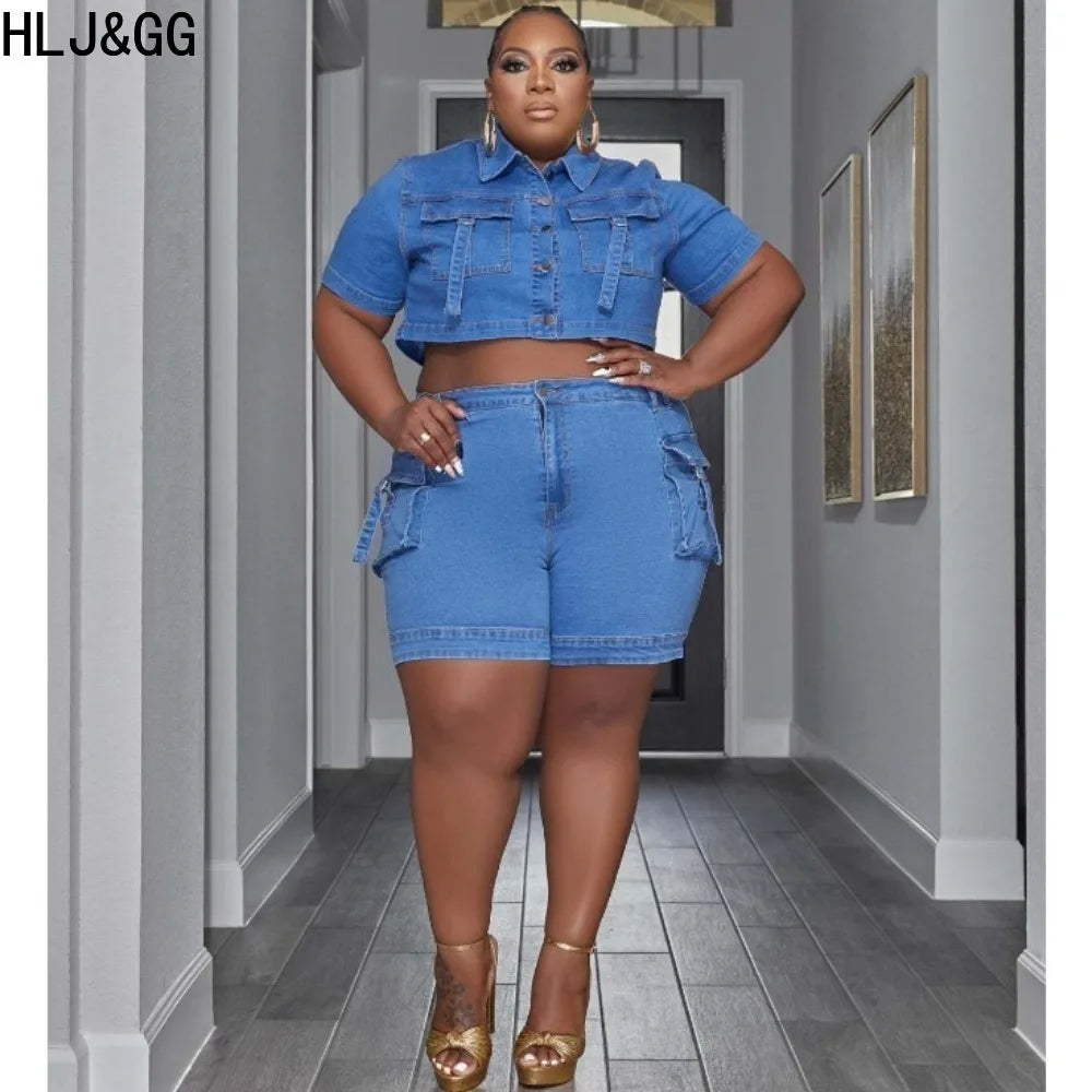 HLJ&GG Blue Plus Size Denim Shorts Two Piece Sets Women Turndown Collar Button Long Sleeve Crop Top And Shorts Cowboy Outfits