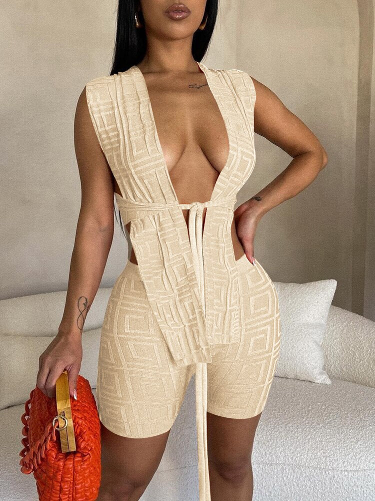 Beyprern Attention On Me Romper Fashion Tie Front Geometric Crop Top And Matching Shorts Two-Piece Set Rave Outfit Sexy Clubwear