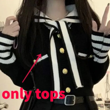 Sweet Sailor Collar Long Sleeve Knitted Cardigan Tops+ High Waist Slim Fit Shorts for Women  Autum New Two Piece Sets