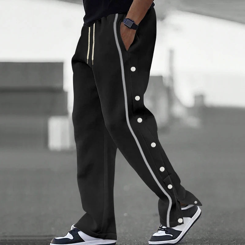 Daily Leisure Loose Solid Color Mens Pants Stylish Patchwork Side Button Design Men Straight Trousers Fall Fashion Lace-up Pants
