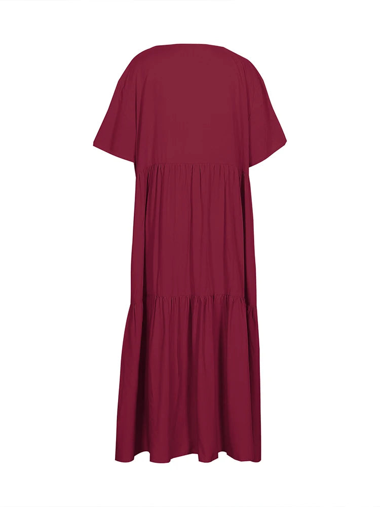 Damen Übergröße Lässiges lockeres V-Ausschnitt Einfarbiges langes Kleid Frühling Sommer Plissee Big Size Damenkleid