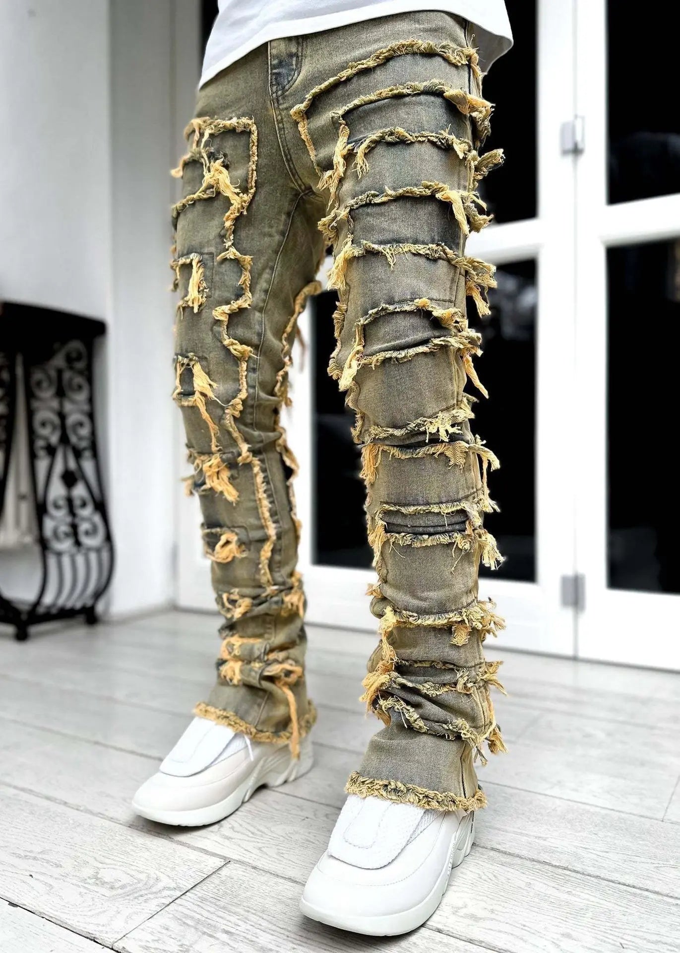 New Fashion Stretch Jeans Man Stacked Jeans Elastic Waist Straight Fit Patchworks Denim Long Pants Fringe Ripped Jeans For Men