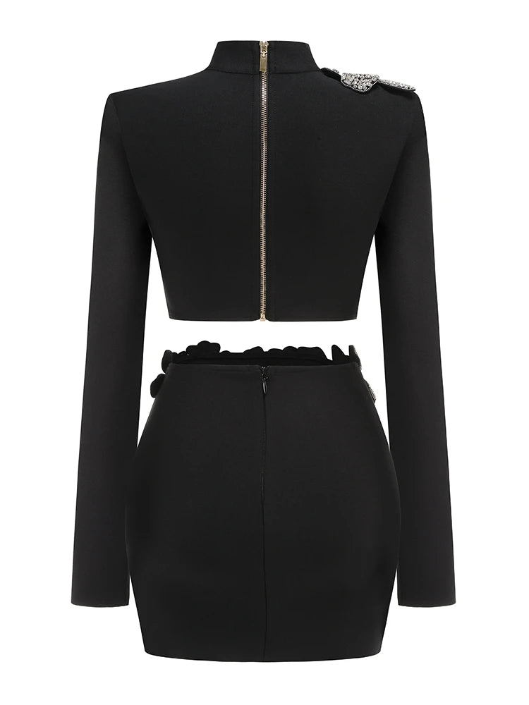 Sexy Long Sleeves Bandage 2-Piece Sets Women Turtleneck Shiny Diamonds Flower Top + Bodycon Mini  Skirts Suits Evening Party Set