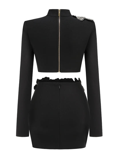 Sexy Long Sleeves Bandage 2-Piece Sets Women Turtleneck Shiny Diamonds Flower Top + Bodycon Mini  Skirts Suits Evening Party Set
