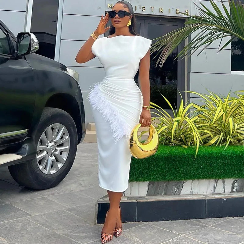 Women Dresses O Neck Pullover Solid Sexy Wrap Buttocks Vestidos Ankle Length Office Lady Dress Slim Fit Sheath Feathers