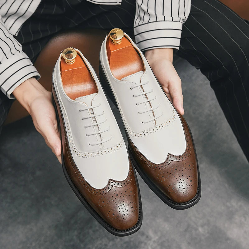 Herren Brogue-Schuhe mit Flügelkappe, Business-Oxford-Schuhe zweifarbig für Hochzeitsfeiern